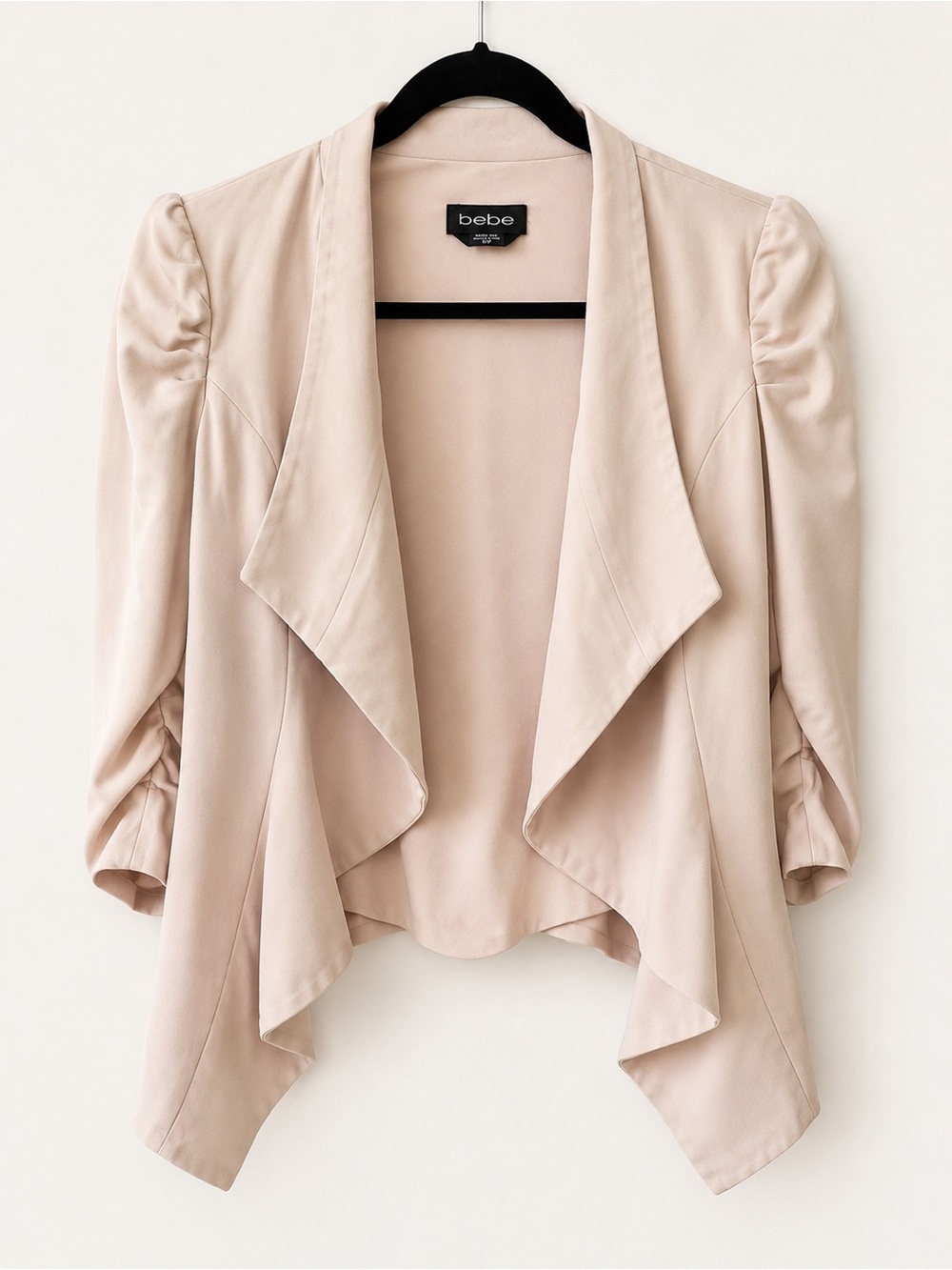 Bebe Blush Nude Draped Waterfall Blazer Ruched Sleeve Open Front XS Cropped